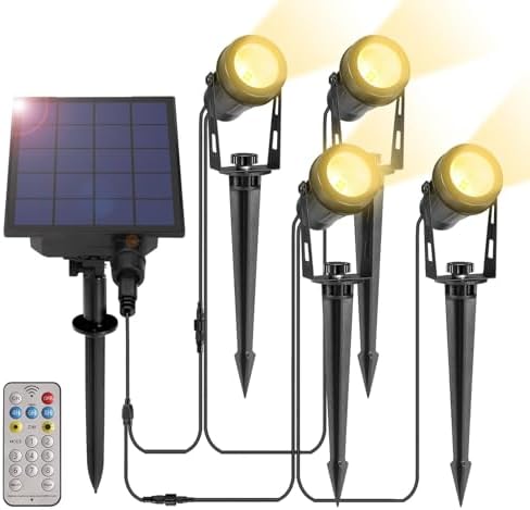 ALOVECO Solar Spot Lights Outdoor 4-in-1 Solar Powered Spotlights IP65 Waterproof with Remote 29.5ft Cable Auto On/Off 8 Modes Solar Uplights Outdoor for Garden Yard Landscape Tree 2700K Warm White by ALOVECO