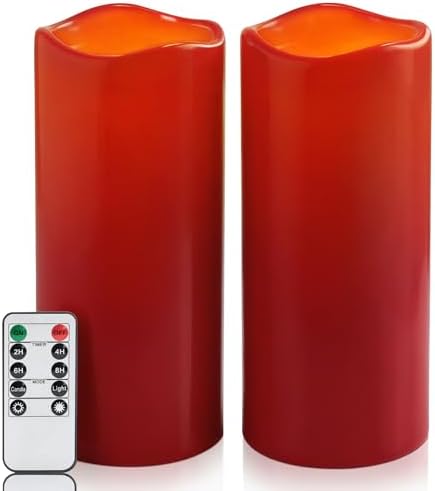 Homemory 4"x10" Burgundy Flameless Candles, Red Candles, Outdoor Waterproof Flameless Candles with Remote and Timers, Battery Operated LED Pillar Candles, Christmas Decor, Won't Melt Plastic, Set of 2 by Homemory