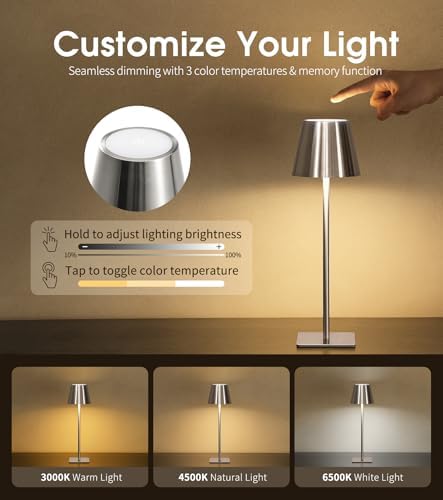 UME 3 Pack Cordless Table Lamp, Battery Operated Lamp - Portable Waterproof Rechargeable Table Lamp w/ 3 Color Temps & Stepless Dimming for Dinner, Desk, Cafe, Outdoor (Brushed Silver) - Image 3