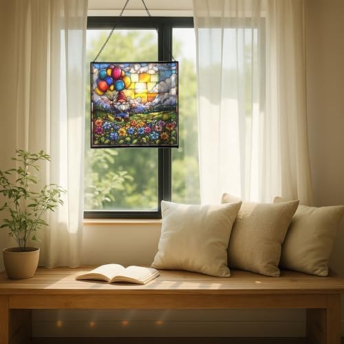 Gnome Balloon Festival Stained Glass Suncatcher – Square Hanging Window Panel for Home or Greenhouse – Whimsical Glass Art Gift for Garden Lovers, Christmas, Halloween, Father Days ifExoe - Image 7