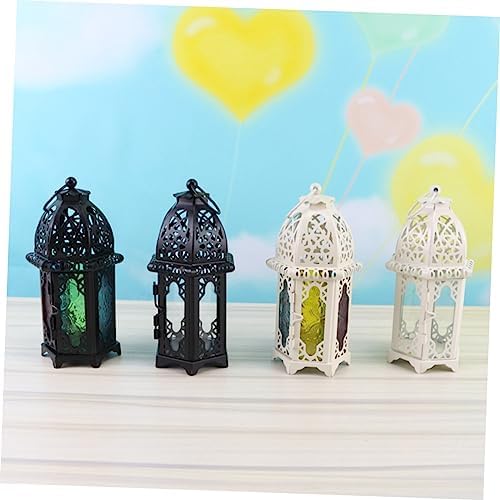 Xmas Iron Candle Lantern 2pcs Black Glass Hanging Moroccan Decor - Image 5
