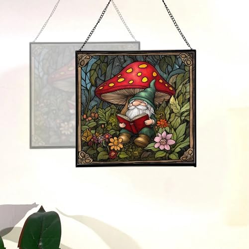 Gnome in Mushroom Hollow Stained Glass Suncatcher – Square Hanging Window Panel for Home or Greenhouse – Whimsical Glass Art Gift for Garden Lovers, Christmas, Halloween, Father Days FpWUpN - Image 4