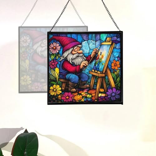 Painter Gnome at Work Stained Glass Suncatcher – Square Hanging Window Panel for Home or Greenhouse – Whimsical Glass Art Gift for Garden Lovers, Christmas, Halloween, Father Days qzln3W - Image 4