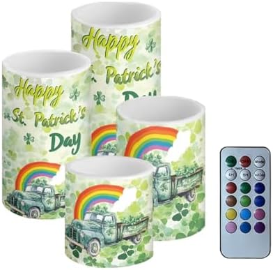 4 Pack St Patrick's Day Flickering Flamless Candles with Remote Shamrocks Battery Operated Elictric LED Pillar Candles with Timer Rainbow Truck Printed Outdoor Lights by Merkmak