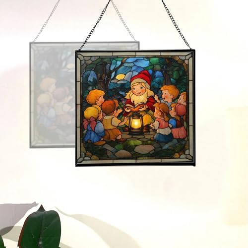 Gnome Storyteller Stained Glass Suncatcher – Square Hanging Window Panel for Home, Garden, Nursery, Halloween, Christmas, Memorial Day – Whimsical Glass Art Gift for Gnome Lovers fnnzk7 - Image 4