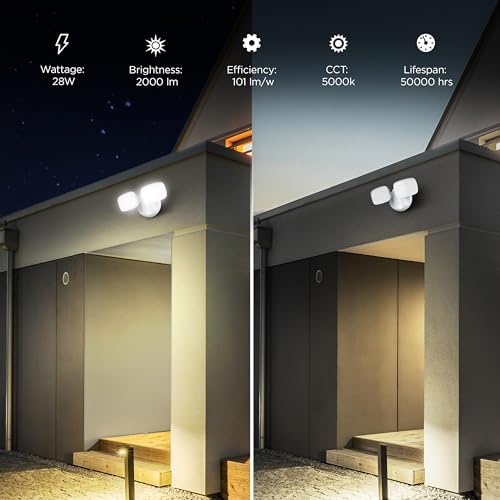 Feit Electric LED Security Light Outdoor, 28W LED Waterproof Flood Light, 2 Head, Wall Mount, Switch Operated, 2000 Lumens, 5000K Daylight, 50,000 Hour Lifespan, White, S9DFL/850/WH - Image 4