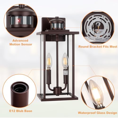 16in 2-Light Bronze Outdoor Wall Lights Motion Sensor Porch Light - Image 2