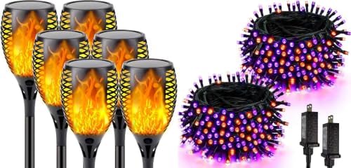 SANJICHA Solar Torch Lights with Flickering Flame Larger Size Solar Flame Lights, 2 Pack 66FT 200 LED Halloween Lights Outdoor Indoor, Orange and Purple by SANJICHA