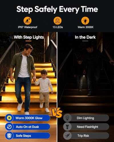 Outdoor Step Lights, 8 Pack IP67 Waterproof Solar Stair Lights, Warm 3000K 13 LED Solar Lights for Steps, Front Steps, Concrete Steps, Porch, Patio, Walkway, Backyard Decor - Image 6