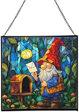 Gnome Mail Delivery Stained Glass Suncatcher – Square Hanging Window Panel for Home or Greenhouse – Whimsical Glass Art Gift for Garden Lovers, Christmas, Halloween, Father Days kG6SvZ by Custom
