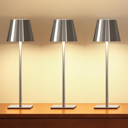UME 3 Pack Cordless Table Lamp, Battery Operated Lamp - Portable Waterproof Rechargeable Table Lamp w/ 3 Color Temps & Stepless Dimming for Dinner, Desk, Cafe, Outdoor (Brushed Silver) by UME