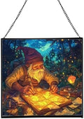 Gnome Lantern Maker Stained Glass Suncatcher – Square Hanging Window Panel for Home or Greenhouse – Whimsical Glass Art Gift for Garden Lovers, Christmas, Halloween, Father Days uAB6Sj by Custom