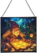 Gnome Lantern Maker Stained Glass Suncatcher – Square Hanging Window Panel for Home or Greenhouse – Whimsical Glass Art Gift for Garden Lovers, Christmas, Halloween, Father Days uAB6Sj by Custom