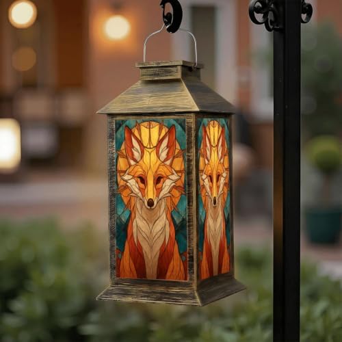 Solar Lantern Symmetrical Fox Stained Glass Outdoor Waterproof Garden Hanging Lantern Solar Powered Lighting Outside Solar Light for Patio Yard Camping, Gifts for Women Mom - Image 6