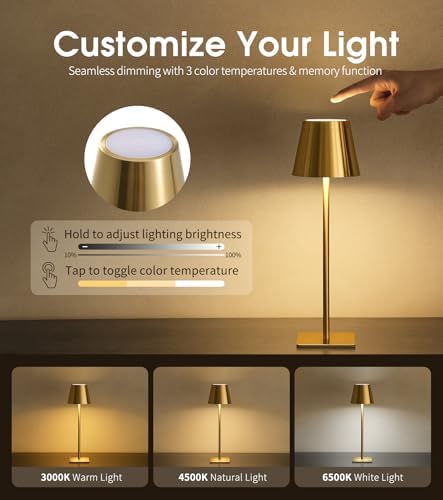 UME 3 Pack Cordless Table Lamp, Battery Operated Lamp - Portable Waterproof Rechargeable Table Lamp w/ 3 Color Temps & Stepless Dimming for Dinner, Desk, Cafe, Outdoor (Brushed Gold) - Image 3