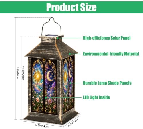 Solar Hanging Lantern Sun Moon Stained Glass Floral Gothic Window Celestial Night Sky Ornate Waterproof LED Lights Decor Patio Yard Lawn Porch Lamp, Birthday Gift for Mom Women Garden Outdoor Decor - Image 2
