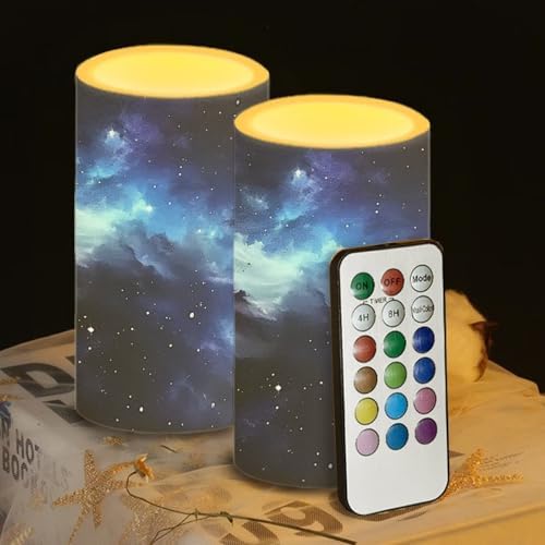 Starry Sky Flameless Candles with Remote Galaxy Outdoor Battery Operated Candles with Timer Flickering LED Elictric Pillar Lights for Outdoor Porch Wedding Home Decor Set of 2 - Image 5