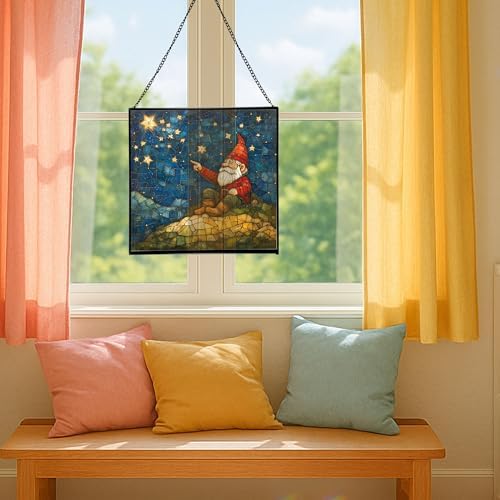 Gnome Stargazing Hill Stained Glass Suncatcher – Square Hanging Window Panel for Home or Greenhouse – Whimsical Glass Art Gift for Garden Lovers, Christmas, Halloween, Father Days CPnjtO - Image 5