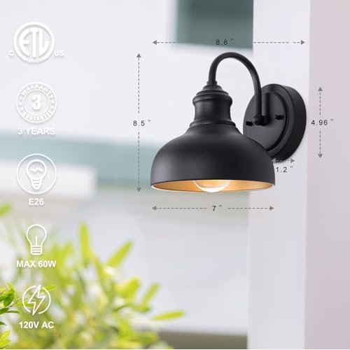 Black Outdoor Gooseneck Lighting for Barn 7 Inch Farmhouse Exterior Light Fixtures with Wall Mount, Small Porch Light with Brass Interior, Outside Gooseneck Wall Sconce for House Garage Patio - Image 6