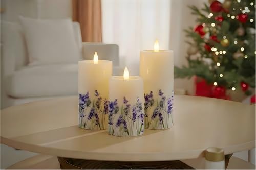 Lilac Flower Flameless Pillar Candles, Set of 3 Real Wax LED Candles with Remote Timer, 3D Moving Flame, Battery Operated (2AA) Up to 400 Hours, Spring Decor - Image 2
