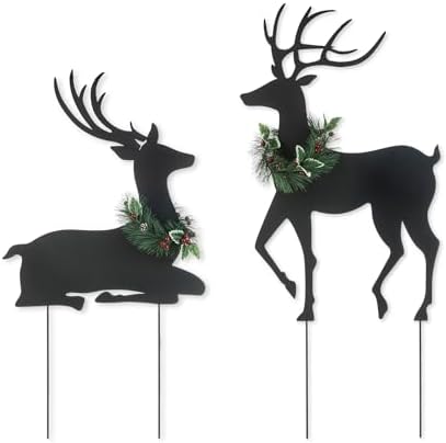 Glitzhome Set of 2 Metal Silhouette Reindeers Yard Sign with Stake, 42" H Christmas Decorative Standing Wall Hanging Decoration for Garden Home Lawn Pathway Walkway by Glitzhome