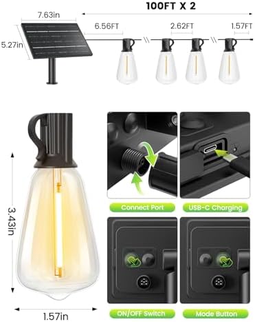 Svater 200 FT Solar String Lights Outdoor Waterproof, Remote Dimmable - Image 4