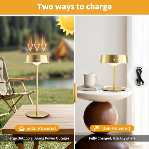 Mr.White Solar Waterproof Outdoor Rechargeable Cordless Table Lamps, Set of 2 Touch Dimmable Operated Battery Table Lights for Patio, Restaurant, Kitchen (Gold) - Image 5
