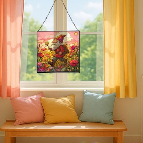 Poppy Meadow Gnome Stained Glass Suncatcher – Square Hanging Window Panel for Home or Greenhouse – Whimsical Glass Art Gift for Garden Lovers, Christmas, Halloween, Father Days DlIaQx - Image 5