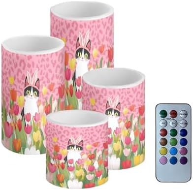 Battery Operated Flameless Candles with Timer Remote Tulip Cat LED Candles Flickering for Easter Day Indoor Outdoor Leopard Print Lanterns Lights Home Decorations by Merkmak