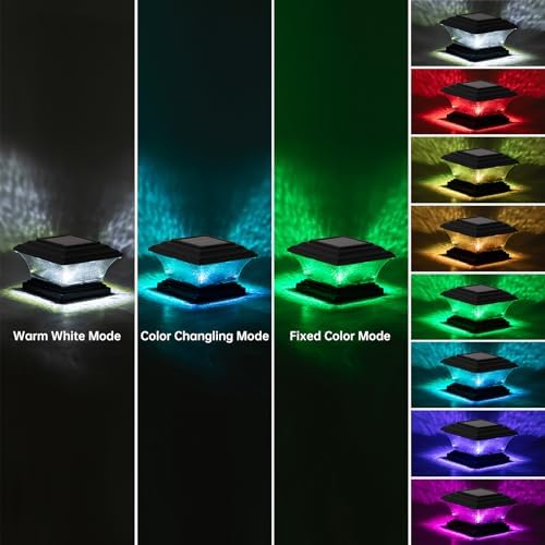 HUYIENO Solar Post Cap Lights Outdoor LED Lighting Deck Fence Cap Light 9 Light Modes Bright White/7 Color Fixed Modes/7 Color Cycling Mode Suitable for 4x4 5x5 Wooden Posts Black 6pk - Image 2