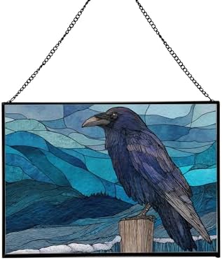 Raven Sitting on Frosted Fencepost Rectangular Stained Glass Suncatcher – Hanging Window Panel with Animal & Nature Scene – Vibrant Glass Art Gift for Wildlife, Fantasy, Nature Lovers h4ByMG by Custom