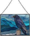 Raven Sitting on Frosted Fencepost Rectangular Stained Glass Suncatcher – Hanging Window Panel with Animal & Nature Scene – Vibrant Glass Art Gift for Wildlife, Fantasy, Nature Lovers h4ByMG by Custom