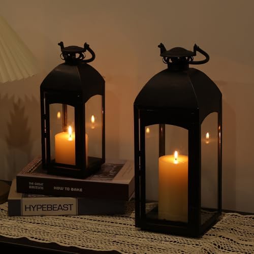 NEEDOMO Lanterns Decorative Indoor&Outdoor, 20''/16''H Set of 2 Outdoor Lanterns for Porch,Metal Frame Candle Holders Hanging Lights with Glass, Spring, Fall, Christmas - Image 4