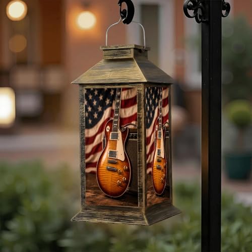 Solar Lantern Outdoor Waterproof American Music Guitar us Flag Guitar Garden Decor LED Hanging Solar Lights Tabletop Lamp Gifts for Women Mom Outside Yard Patio Porch by DERUINVAIO