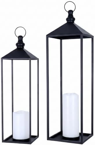 LED Lanterns Decorative Indoor&Outdoor, 23’’ 19’’ Large Black Candle Lanterns Set with 2 Flameless Candles, Metal Holders for Porch, Patio, Garden, Home, Fireplace, Decorations Decor by DECORKEY