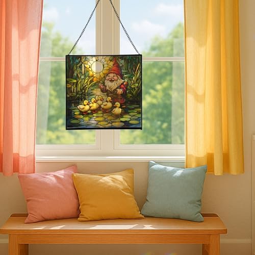Gnome and Ducklings Stained Glass Suncatcher – Square Hanging Window Panel for Home or Greenhouse – Whimsical Glass Art Gift for Garden Lovers, Christmas, Halloween, Father Days IMzgZn - Image 5