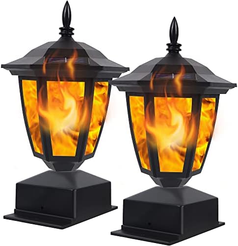 Dynaming Solar Flame Post Lights Outdoor, Solar Powered Lamps Fence Post Cap Lights, Flickering Flame LED Lantern Decorative Waterproof for Garden Deck Patio, Fit 4x4, 5x5 or 6x6 Wooden Posts, 2 Pack by Dynaming