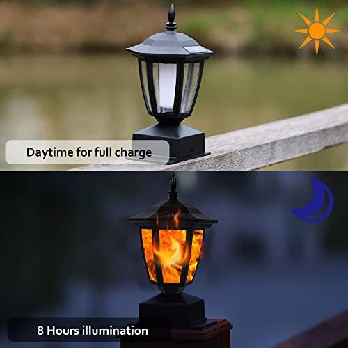 Dynaming Solar Flame Post Lights Outdoor, Solar Powered Lamps Fence Post Cap Lights, Flickering Flame LED Lantern Decorative Waterproof for Garden Deck Patio, Fit 4x4, 5x5 or 6x6 Wooden Posts, 2 Pack - Image 3