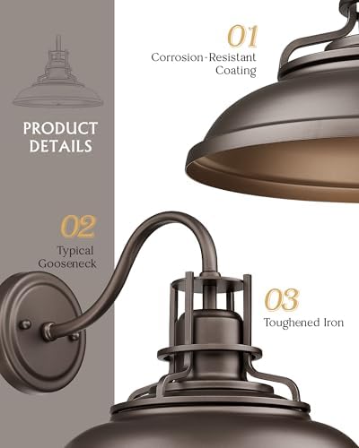 FEMILA 12" Vintage Farmhouse Wall Sconces, 2 Pack Outdoor Barn Lights for Porch Patio Garage, Oil Rubbed Bronze Finish, 4FY15-1W-2PK ORB - Image 3