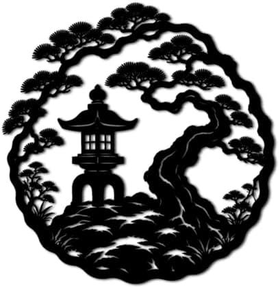 Japanese Garden Pagoda Scene Metal Wall Art Metal Outdoor Decor Metal Signs Zen Minimalist Artwork Elegant Wall Decor Home Decoration for Living Room Bedroom Patio Garden (Black,20inch) by Unknown
