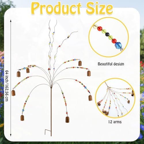 Novabright Whimsical Bead and Bell Tree Yard Stake 40 Inch H 12 Arm Bead Art Garden Decoration Handmade Rustic Metal Decorative Yard Stake for Women Gift Party Decor - Image 2