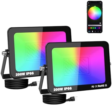 SKYWORLD 2 x 200W LED Floodlights Outdoor, Smart RGB Flood Lights with Plug, APP Remote Control, Dimmable Colour Changing Flood Light for Garden Courtyard Landscape DIY Party Stage Decoration by SKYWORLD