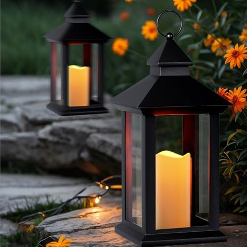 Lanterns Decorative Indoor, 2 Pack Black Decorative Flameless Candle Lanterns with Timer, Vintage 14" Waterproof Hanging Outdoor Lanterns, Battery Operated for Porch, Patio, Wedding Decor - Image 5