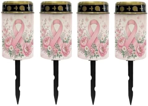 Poceacles Cemetery Candle Grave Lights Outdoor Waterproof Decoration Pathway Lights Garden Solar Candle for Garden Lawn Decor, Pink Ribbon Floral Butterfly, Set of 4 by Poceacles