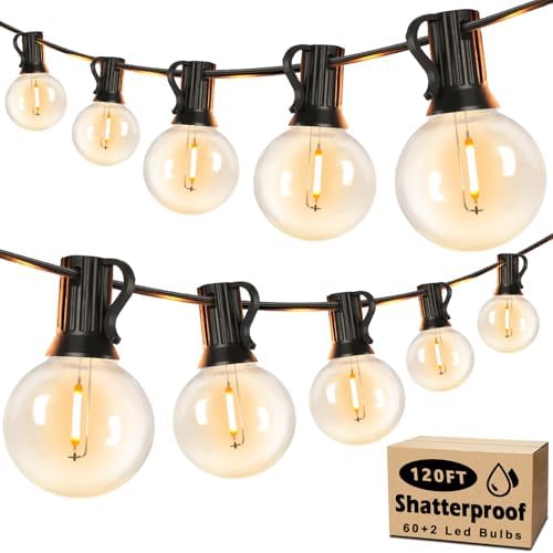 Brightever 120ft Outdoor G40 LED Globe String Lights Dimmable Waterproof Shatterproof Light Strings with 60+2 Bulbs Connectable Commercial Hanging Lights for Patio House Backyard Balcony by Brightever