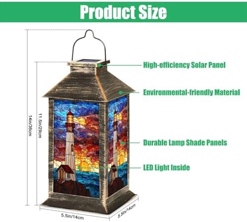 Solar Lantern Maritime Stained Glass Artwork Outdoor Garden Hanging Lantern Waterproof Solar Powered Lighting Outside Table Lamp for Deck Yard Camping Patio Decor - Image 2