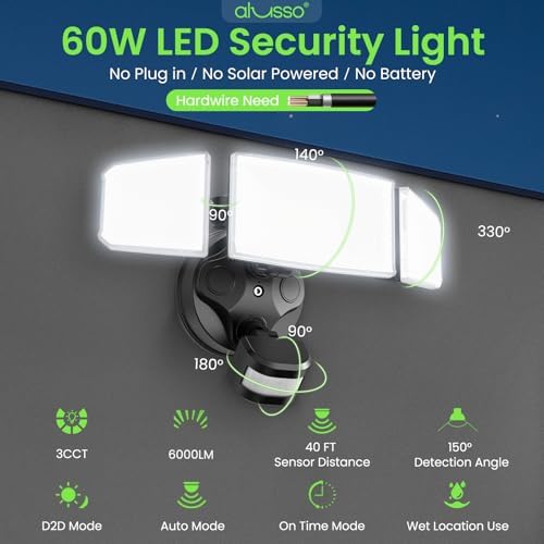 ALUSSO Metal Heads Motion Sensor Outdoor Lights 60W 6000LM 120V ETL Listed - Image 3