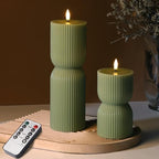 Olive Green Ribbed Flameless Pillar Candles with Remote Set of 2 by Girimax