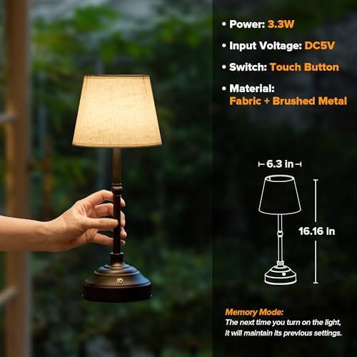 Cordless Table Lamp, Rechargeable Desk Lamp with Fabric Shade, Battery Operated Lamp 3 Color Stepless Dimming, Portable Small Touch Bedside Lamp Home Decor for Dining, Counter (Matte Black) - Image 5