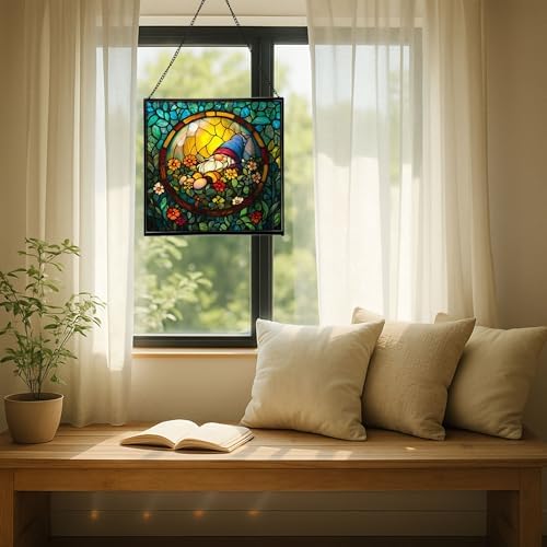 Floating Bubble Nest Gnome Stained Glass Suncatcher – Square Hanging Window Panel for Home or Greenhouse – Whimsical Glass Art Gift for Garden Lovers, Christmas, Halloween, Father Days PdPnfS - Image 7